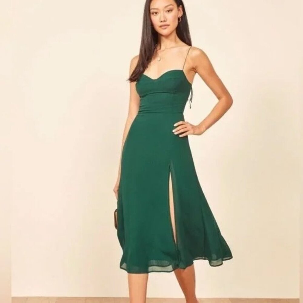 Reformation Juliette Dress in Emerald Dark Green Side Slit Sz 6
